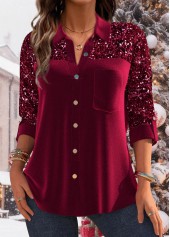 Sequin Velvet Wine Red Long Sleeve Shirt