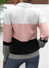 Striped Patchwork Black Long Sleeve Turn Down Collar Sweatshirt