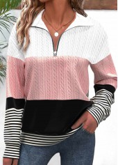 Striped Patchwork Black Long Sleeve Turn Down Collar Sweatshirt