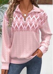 Geometric Print Zipper Pink Long Sleeve Sweatshirt