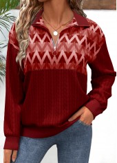 Geometric Print Zipper Red Long Sleeve V Neck Sweatshirt
