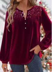 Split Wine Red Long Sleeve Blouse