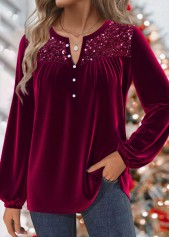 Split Wine Red Long Sleeve Blouse