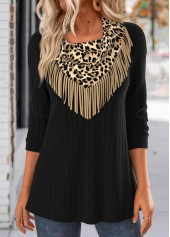 Leopard Tassel Black Long Sleeve T Shirt