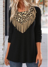 Leopard Tassel Black Long Sleeve T Shirt