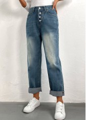 Denim Blue Straight Leg High Waisted Button Jeans