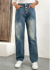 Denim Blue Straight Leg High Waisted Button Jeans