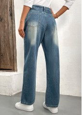 Denim Blue Straight Leg High Waisted Button Jeans