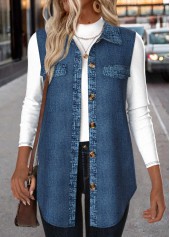 Patchwork Denim Blue Sleeveless Shirt Collar Waistcoat