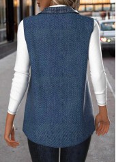 Patchwork Denim Blue Sleeveless Shirt Collar Waistcoat