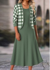 Plaid Two Piece Sage Green Dress and Cardigan