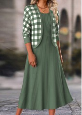 Plaid Two Piece Sage Green Dress and Cardigan