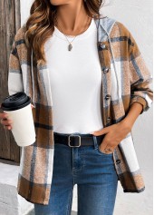 Plaid Drawstring Dark Coffee Long Sleeve Hooded Shirt