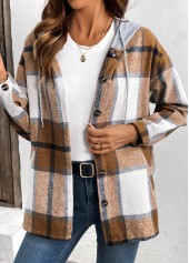 Plaid Drawstring Dark Coffee Long Sleeve Hooded Shirt