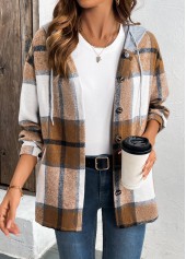 Plaid Drawstring Dark Coffee Long Sleeve Hooded Shirt