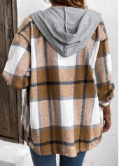 Plaid Drawstring Dark Coffee Long Sleeve Hooded Shirt