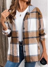 Plaid Drawstring Dark Coffee Long Sleeve Hooded Shirt