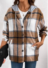 Plaid Drawstring Dark Coffee Long Sleeve Hooded Shirt