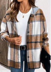 Plaid Drawstring Dark Coffee Long Sleeve Hooded Shirt