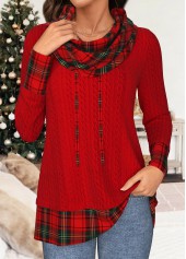 Christmas Plaid Patchwork Red Long Sleeve Cowl Neck Sweatshirt