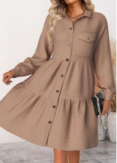Patchwork Dark Camel Long Sleeve Shirt Collar Dress