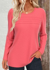 Tuck Stitch Coral Long Sleeve Round Neck T Shirt