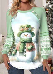 Christmas Patchwork Light Green Long Sleeve Round Neck Sweatshirt