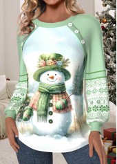 Christmas Patchwork Light Green Long Sleeve Round Neck Sweatshirt