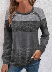 Button Dark Grey Long Sleeve Round Neck T Shirt