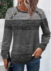 Button Dark Grey Long Sleeve Round Neck T Shirt