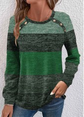 Button Green Long Sleeve Round Neck T Shirt