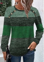 Button Green Long Sleeve Round Neck T Shirt