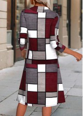 Geometric Print Button Wine Red A Line Dress