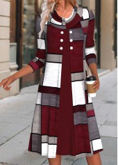 Geometric Print Button Wine Red A Line Dress