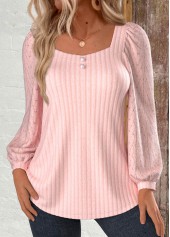 Lace Light Pink Long Sleeve Square Neck Sweatshirt