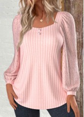 Lace Light Pink Long Sleeve Square Neck Sweatshirt
