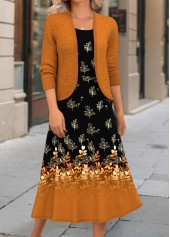 Floral Print Two Piece Terracotta Dress and Cardigan