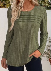 Long Sleeve Olive Green Round Neck T Shirt