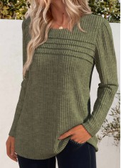 Long Sleeve Olive Green Round Neck T Shirt