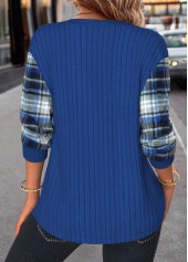 Plaid Button Dark Blue Long Sleeve Split Neck Sweatshirt