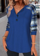 Plaid Button Dark Blue Long Sleeve Split Neck Sweatshirt