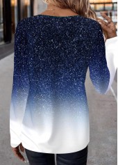 Ombre Patchwork Blue Long Sleeve Round Neck T Shirt