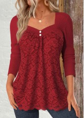 Lace Red Long Sleeve Square Neck T Shirt
