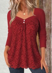 Lace Red Long Sleeve Square Neck T Shirt