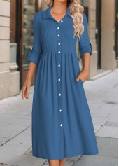 Button Denim Blue Long Sleeve Shirt Collar Dress