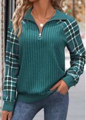 Plaid Patchwork Peacock Blue Long Sleeve Sweatshirt