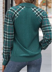 Plaid Patchwork Peacock Blue Long Sleeve Sweatshirt