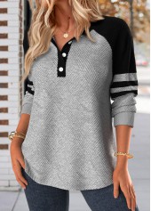 Button Light Grey Long Sleeve Split Neck Sweatshirt