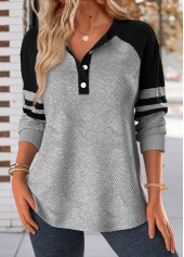 Button Light Grey Long Sleeve Split Neck Sweatshirt