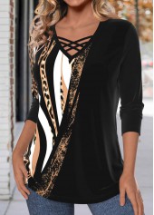 Leopard Criss Cross Black Long Sleeve T Shirt